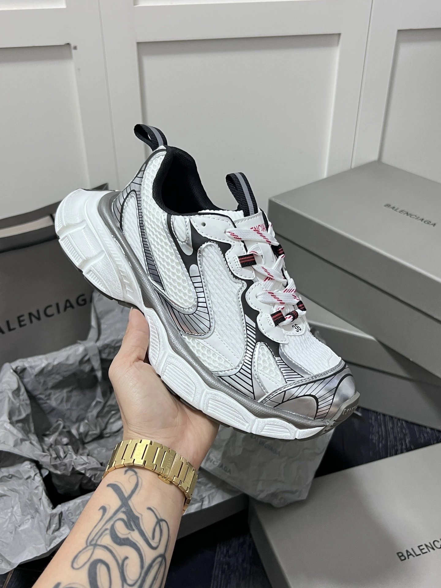 Retro Dad Sneakers Mesh Leather Chunky Sole Silver White - Balenciaga - Cnfans - $49.68