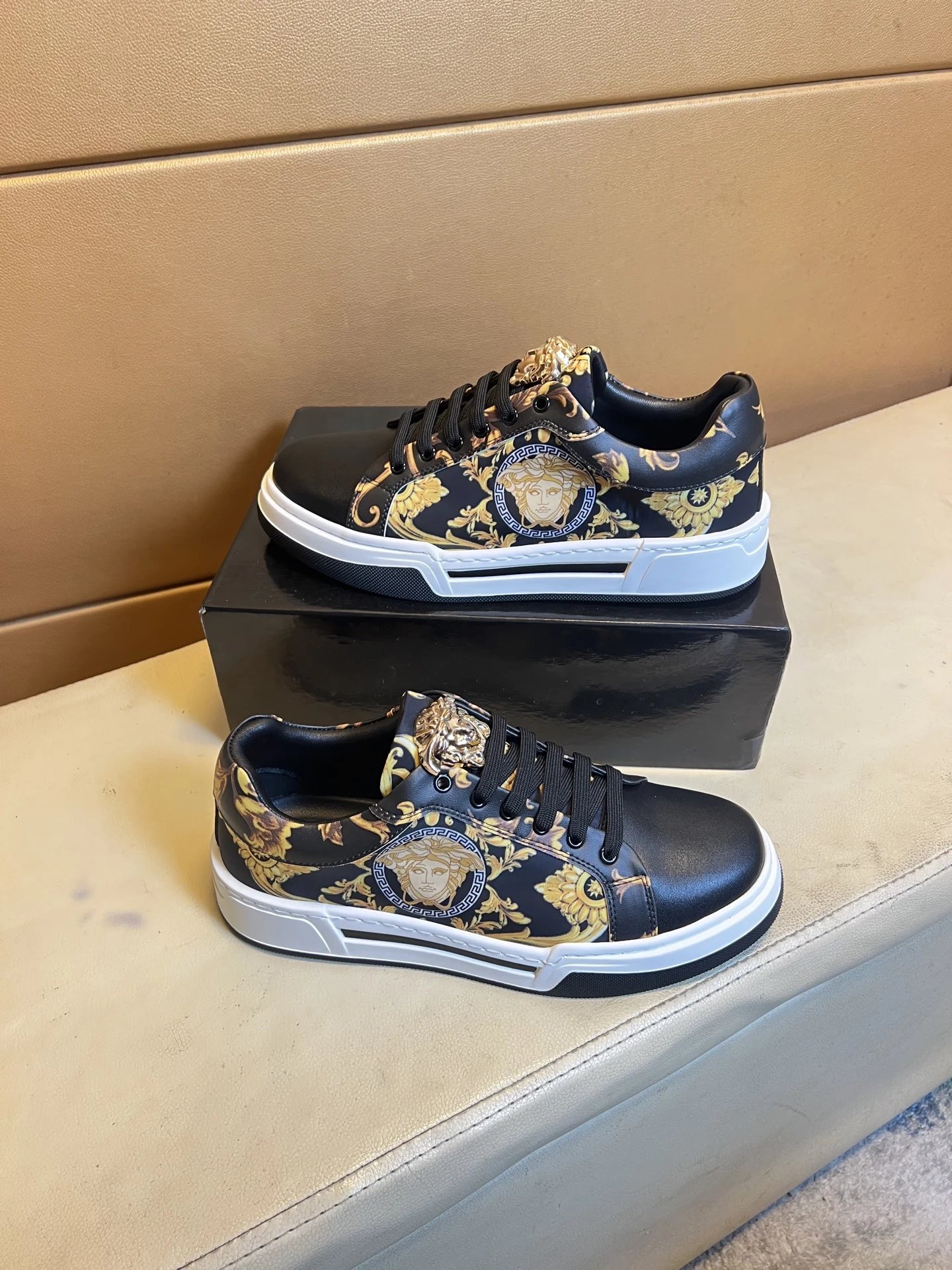 Baroque Leather Low Top Sneakers with Gold Black - Gallery Image 4 - Detailed View