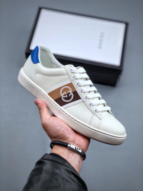Gucci Bee White Blue Sneakers Embroidered Logo - Gucci - Cnfans - $57.42