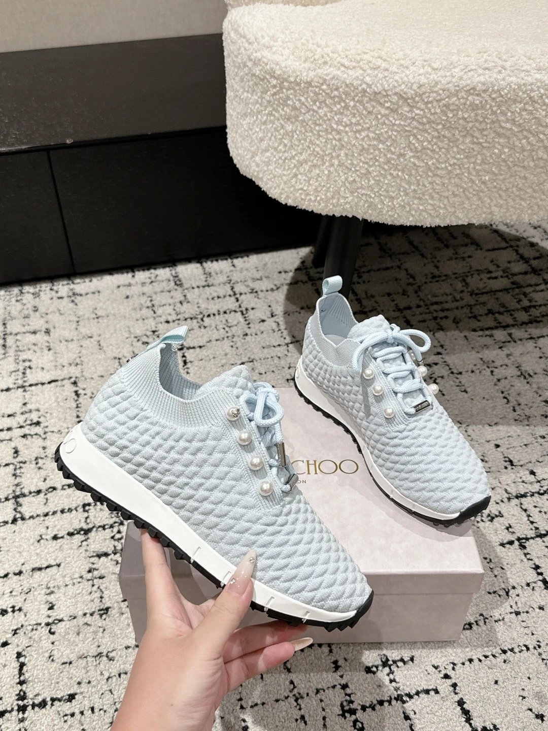 Jimmy Choo Knit Pearl Sneakers Blue - Gallery Image 5 - Detailed View