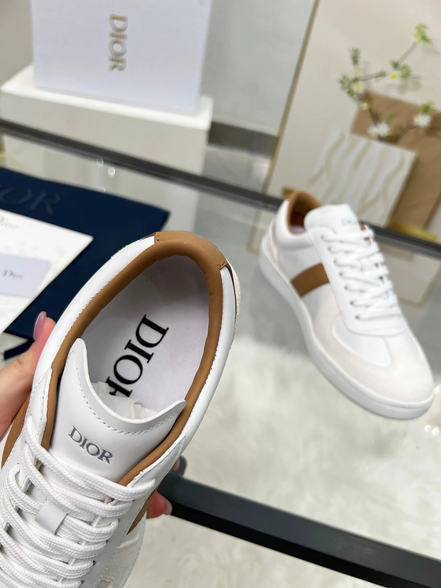 Dior B01 White Leather Sneakers Brown - Gallery Image 8 - Detailed View