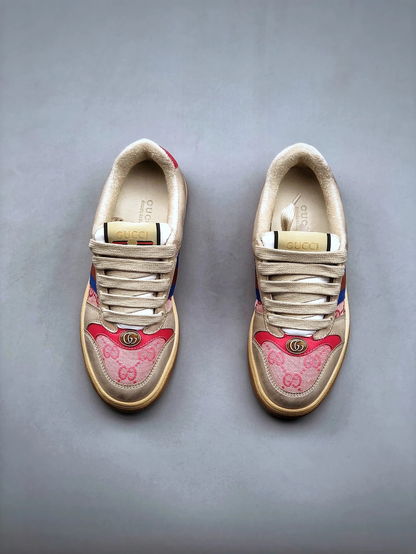 Gucci Distressed Screener Beige Pink Sneakers Blue Red - Gallery Image 5 - Detailed View