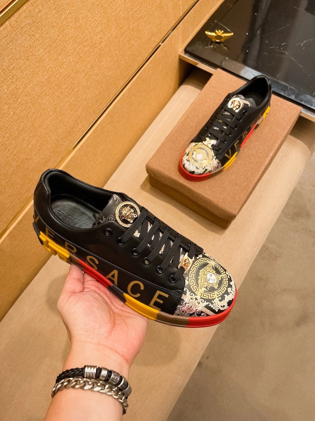 Luxury Leather Sneakers Retro Baroque Black Gold - Gallery Image 4 - Detailed View