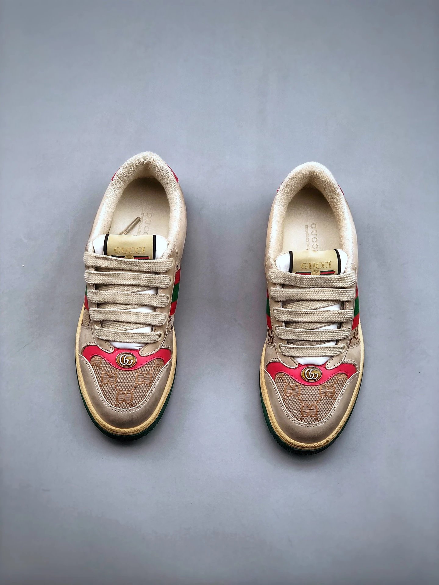 Gucci Distressed Screener Beige Pink Sneakers Red Green - Gallery Image 5 - Detailed View