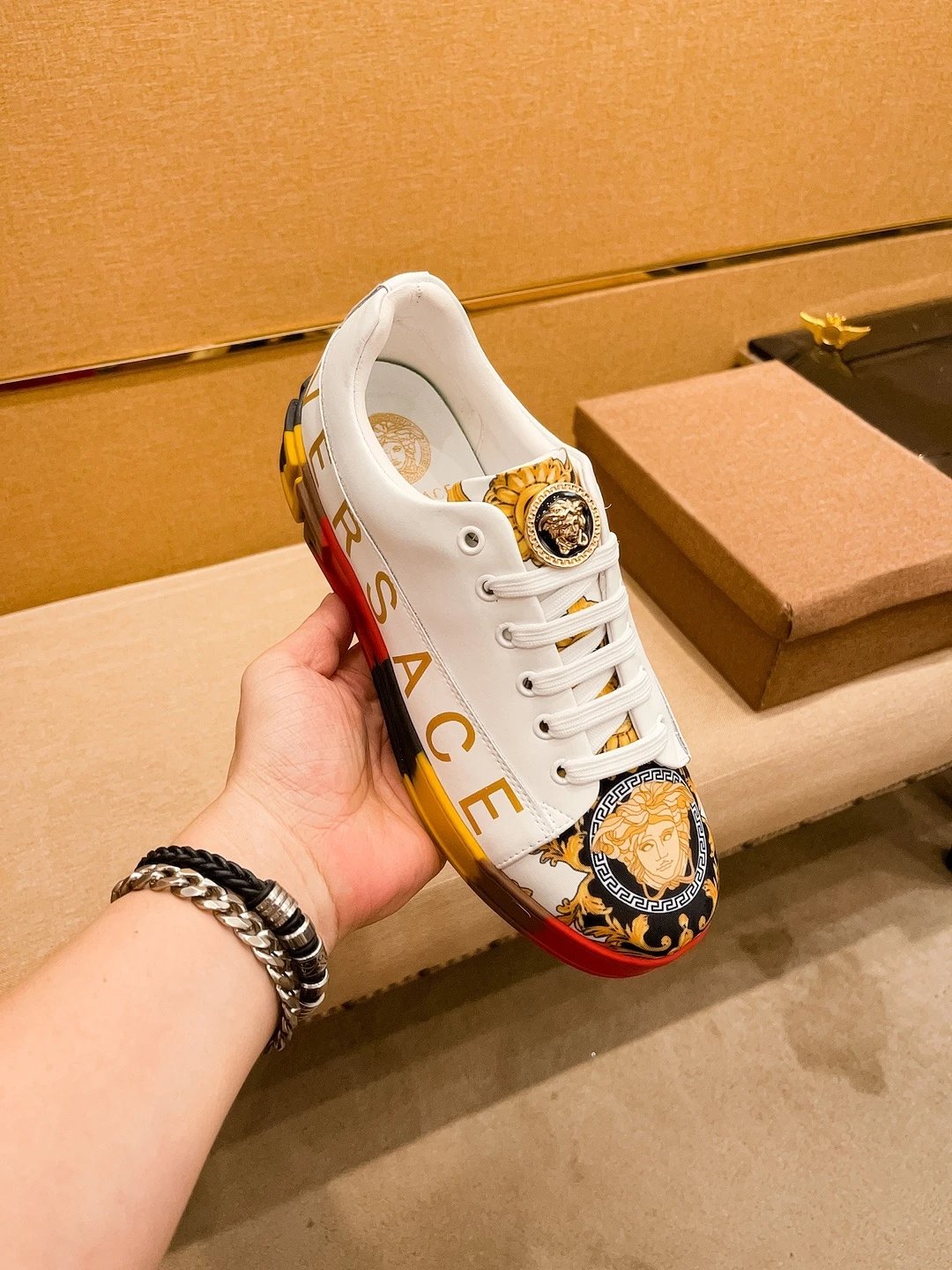 Luxury Leather Sneakers Baroque White Gold - Gallery Image 7 - Detailed View