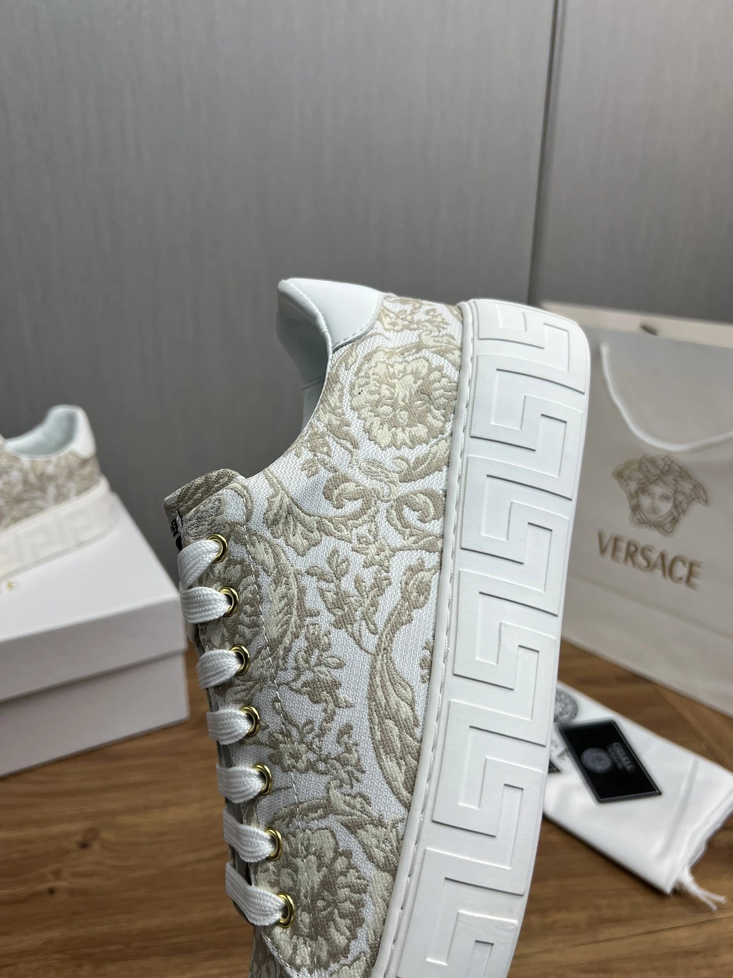 Baroque Leather Low Top Sneakers for Couples Ivory Beige - Gallery Image 9 - Detailed View