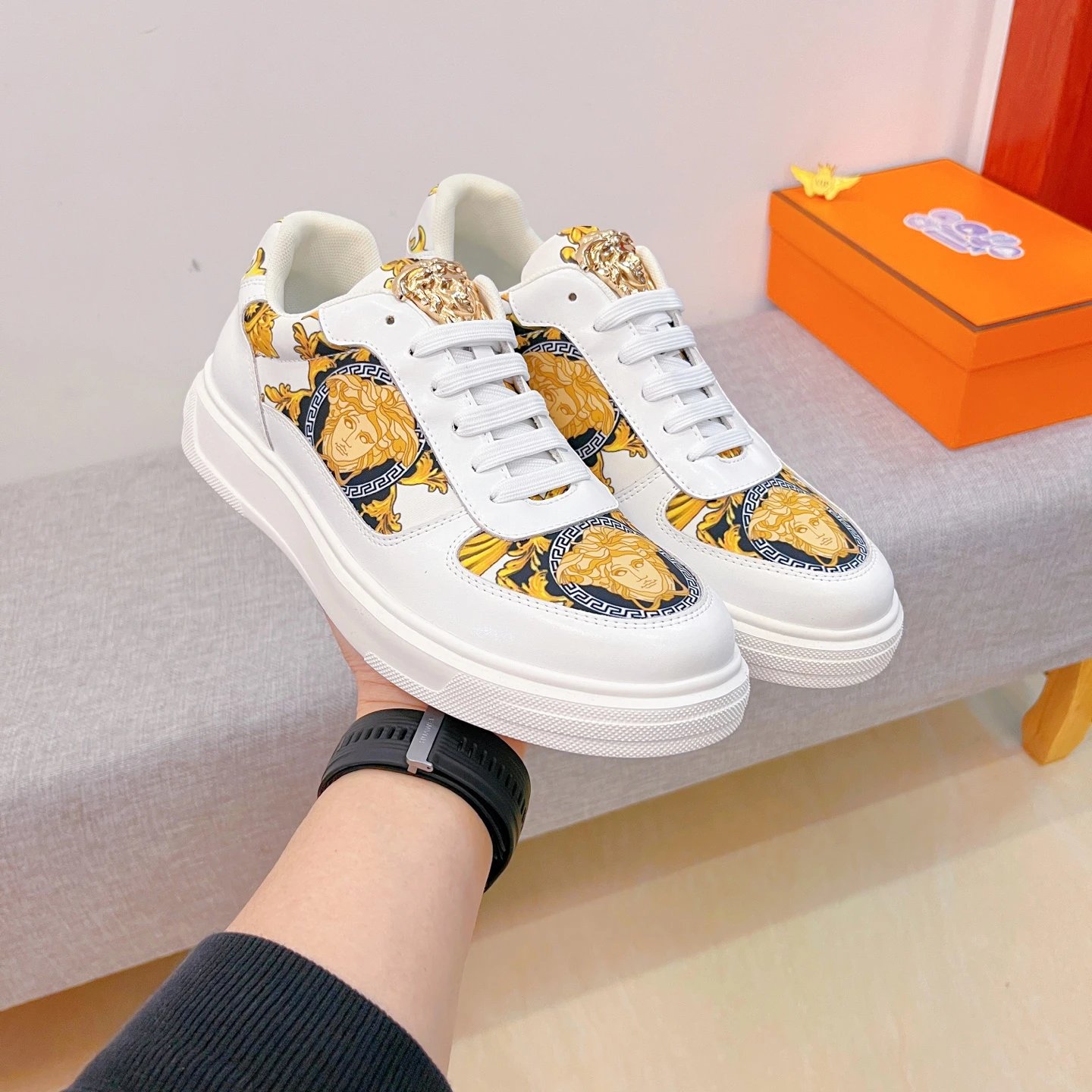 Luxury Leather Low Top Sneakers Baroque Gold White - Gallery Image 4 - Detailed View