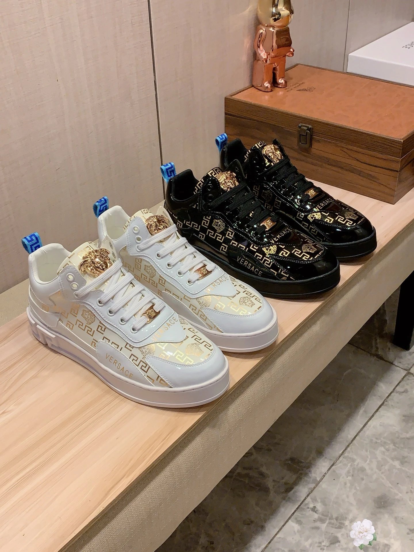 Luxury Leather Sneakers Greek Pattern Gold White - Gallery Image 2 - Detailed View