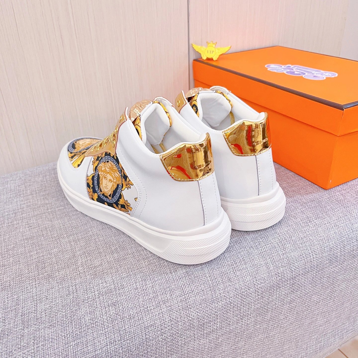 Baroque Leather High Top Sneakers Gold White - Gallery Image 9 - Detailed View
