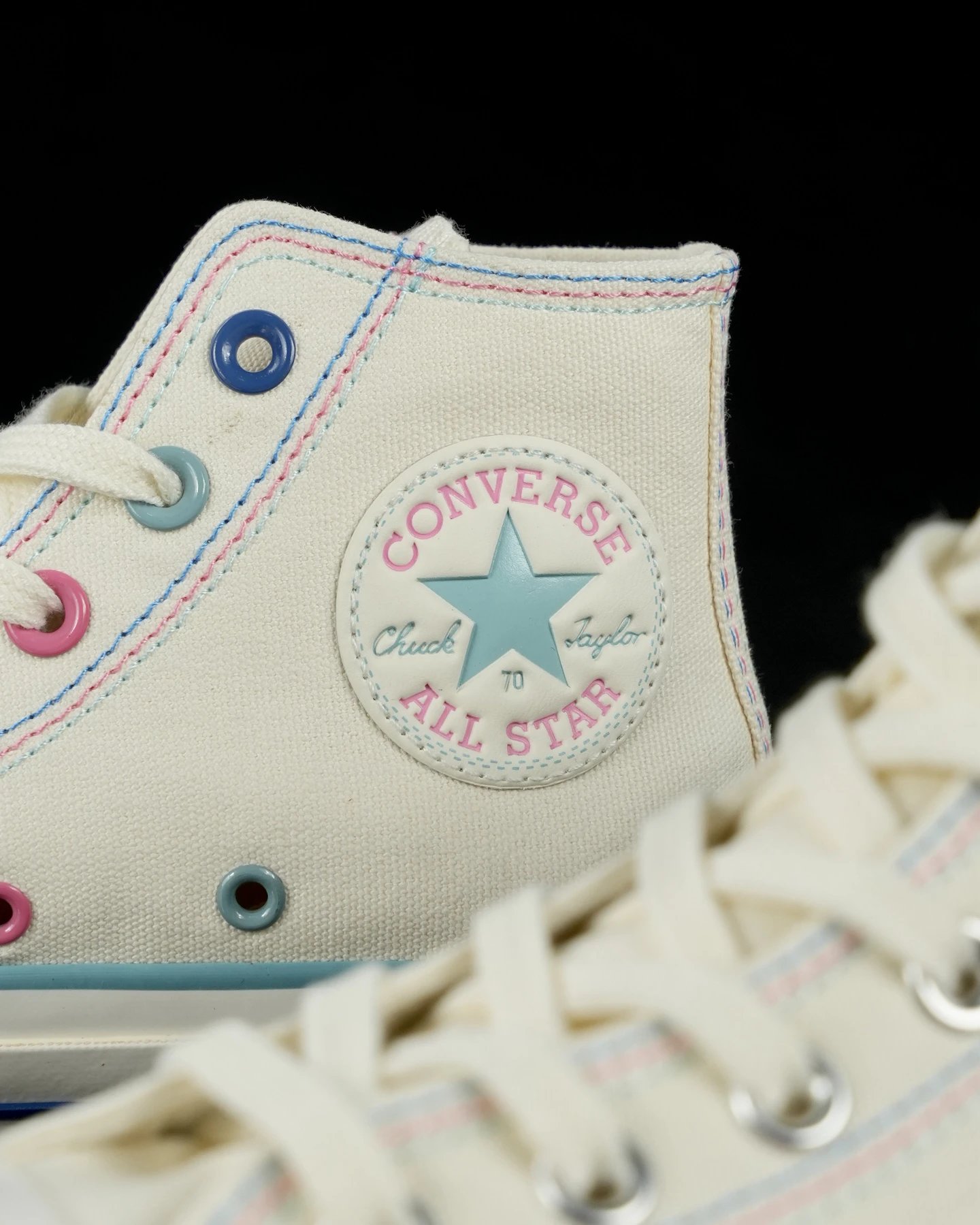 Chuck 1970s Canvas High Top Star Stitch White Pink Blue - Gallery Image 6 - Detailed View