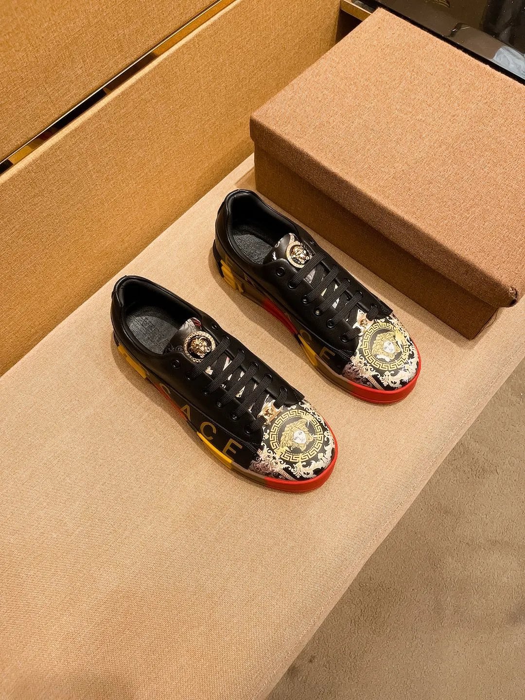 Luxury Leather Sneakers Retro Baroque Black Gold - Gallery Image 5 - Detailed View