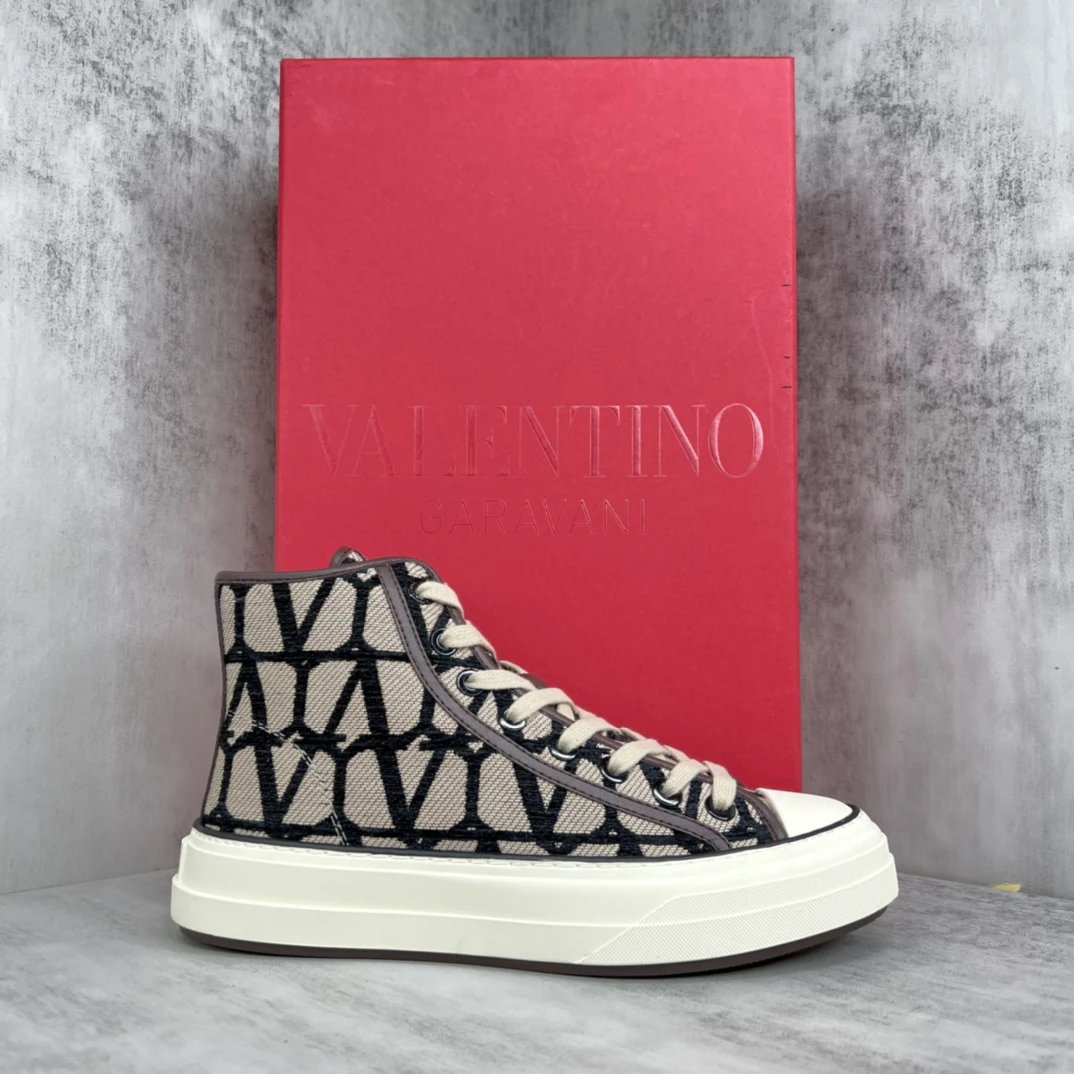 High Top Canvas Sneakers with Leather Trim Beige Black - Gallery Image 1 - Detailed View