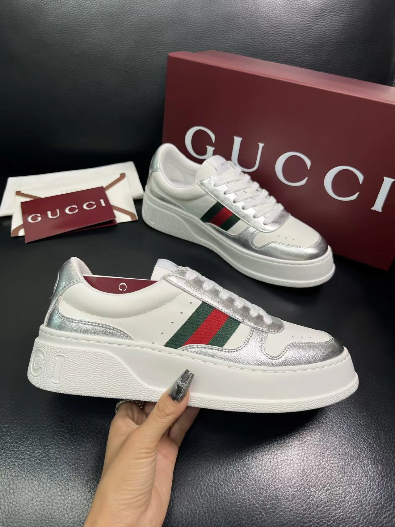 Gucci Men's Platform Sneakers Silver White - Gallery Image 3 - Detailed View