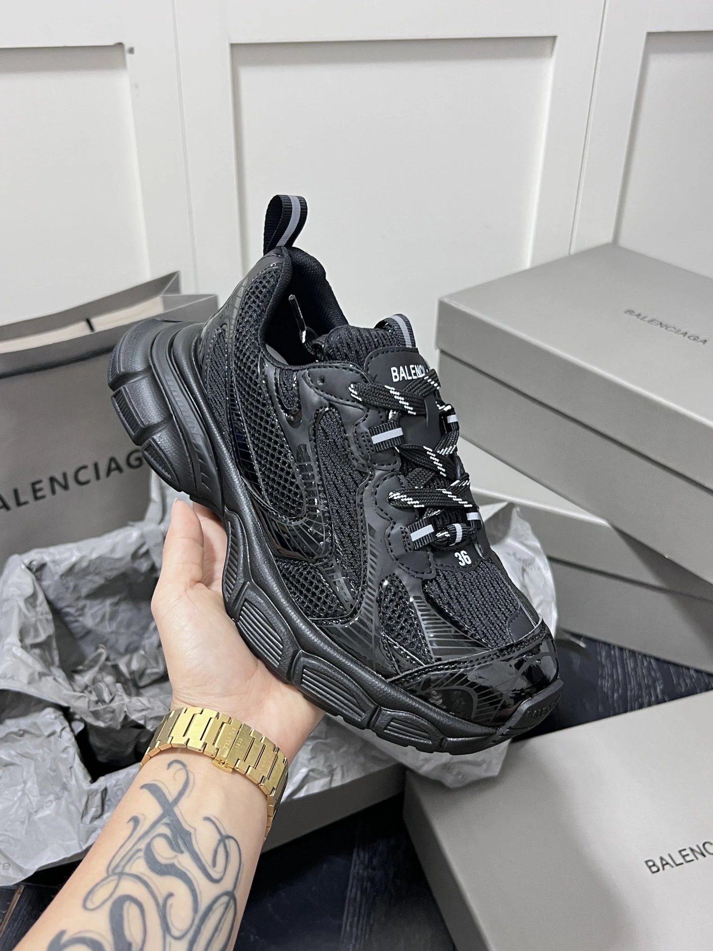 Chunky Leather Mesh Dad Sneakers Retro Sport Jet Black - Balenciaga - Cnfans - $49.68