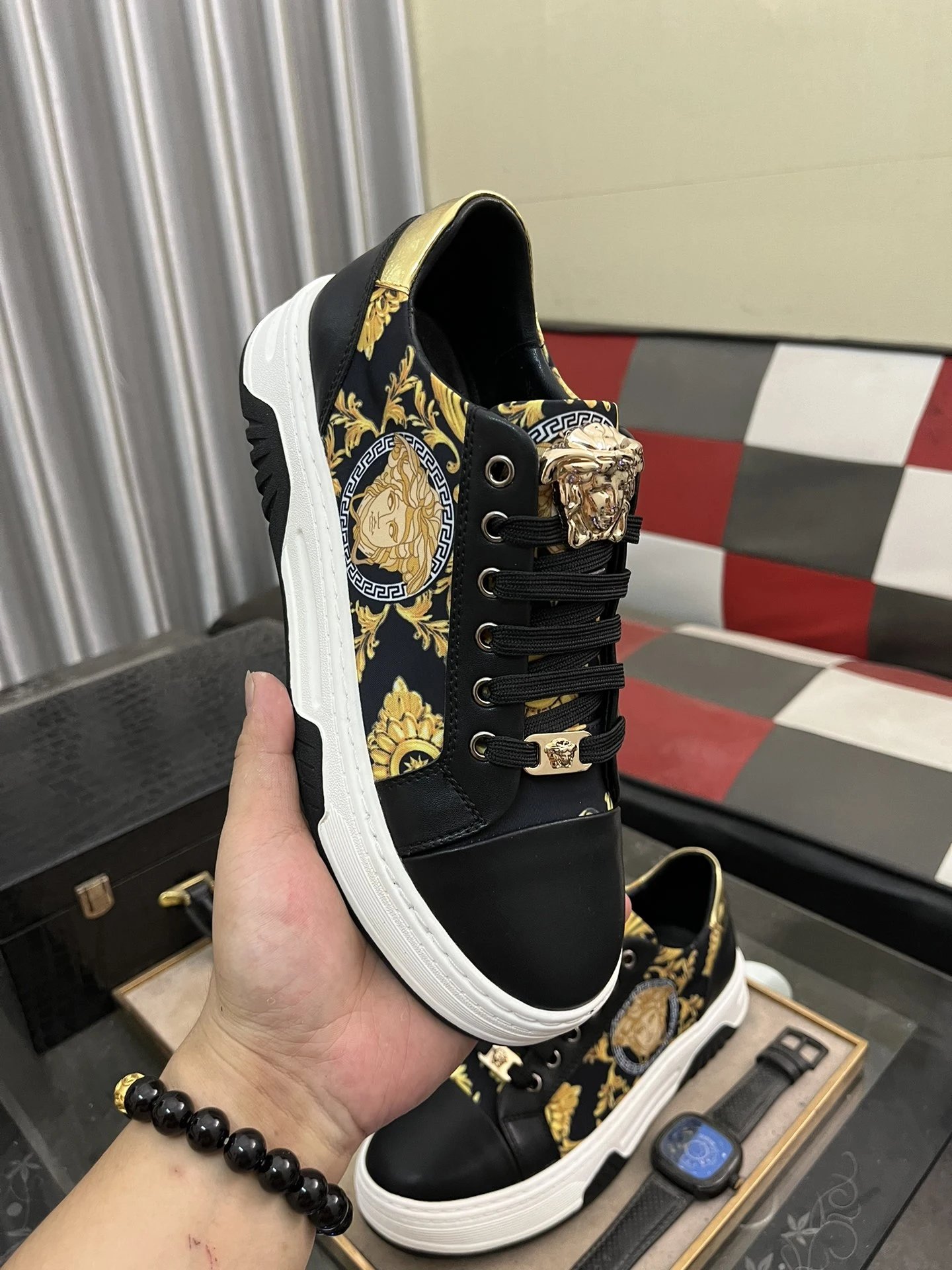 Luxury Leather Low Top Sneakers Baroque Gold - Gallery Image 4 - Detailed View