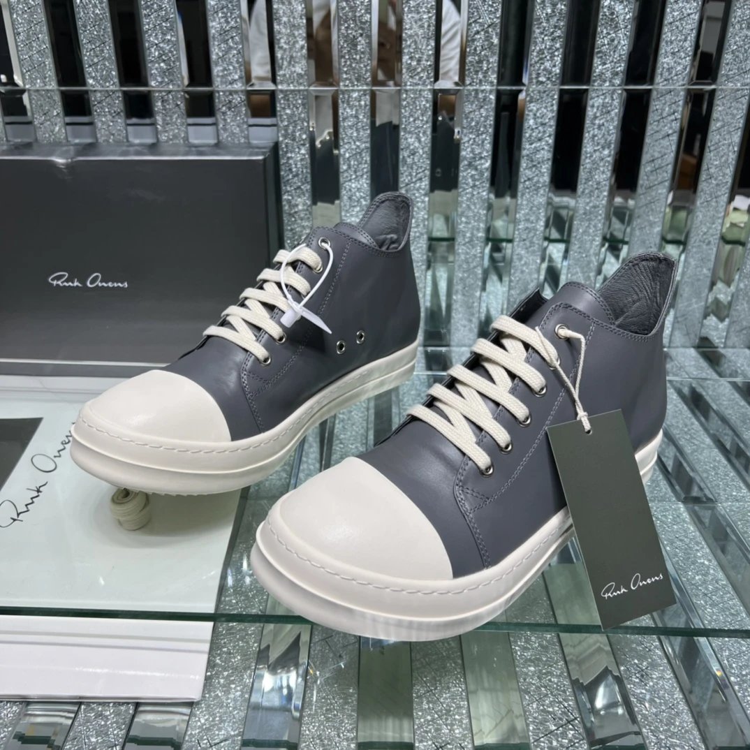 Rick Owens Leather Sneakers Gray - Gallery Image 2 - Detailed View