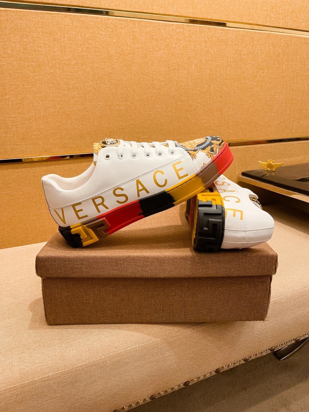 Luxury Leather Sneakers Baroque White Gold - Gallery Image 2 - Detailed View