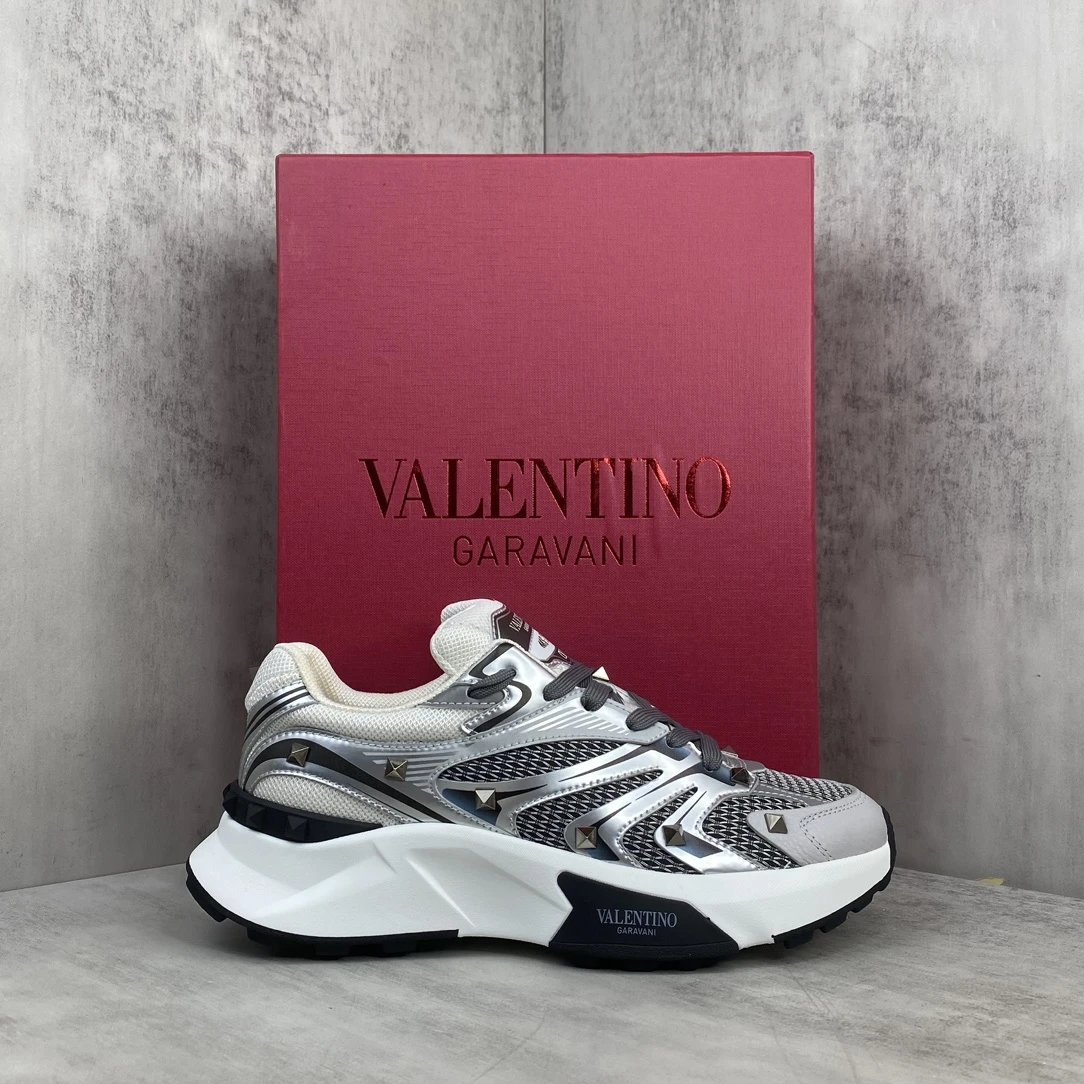 Chunky Leather Mesh Sneakers Metallic Silver - Gallery Image 1 - Detailed View