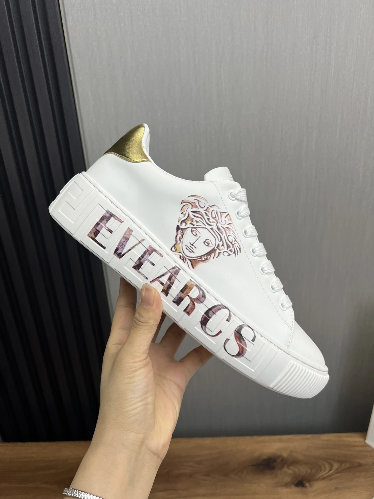 Luxury Leather Couple Sneakers Ivory Gold - Gallery Image 7 - Detailed View