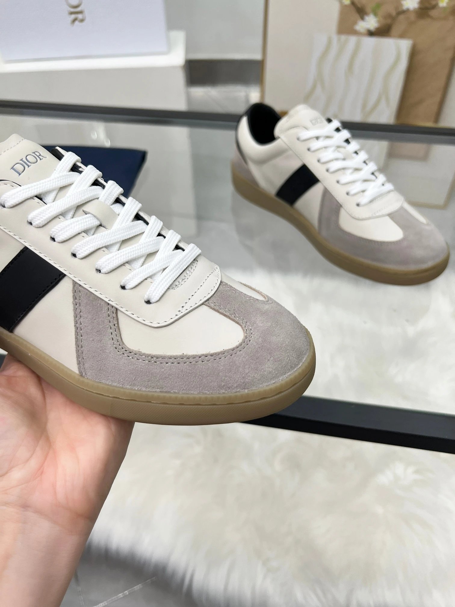 Dior B01 White Leather Sneakers Black - Gallery Image 7 - Detailed View