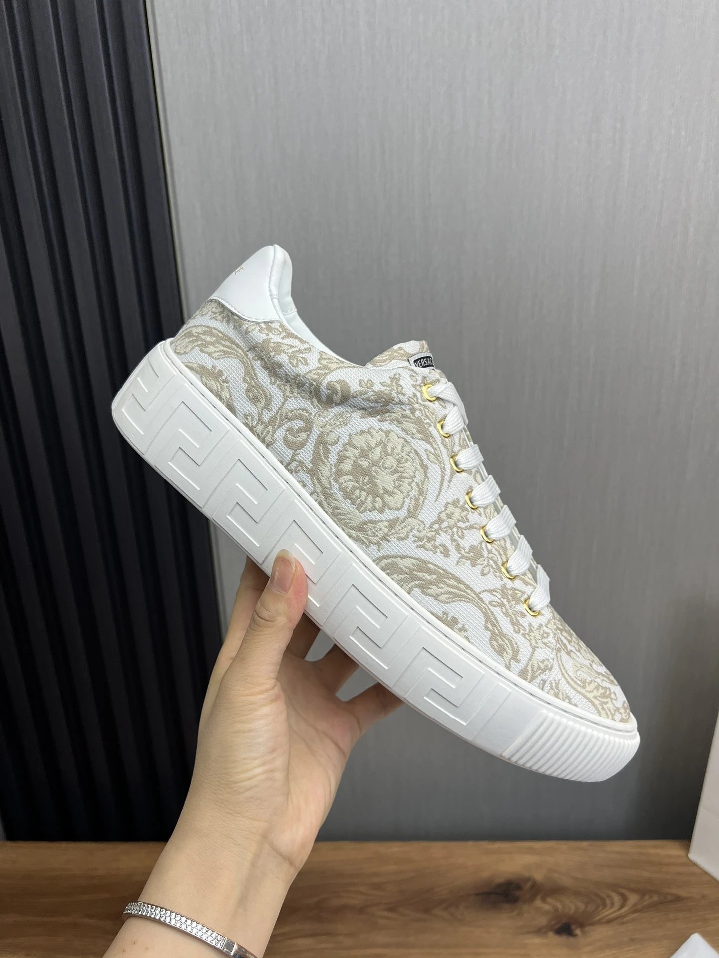 Baroque Leather Low Top Sneakers for Couples Ivory Beige - Gallery Image 7 - Detailed View