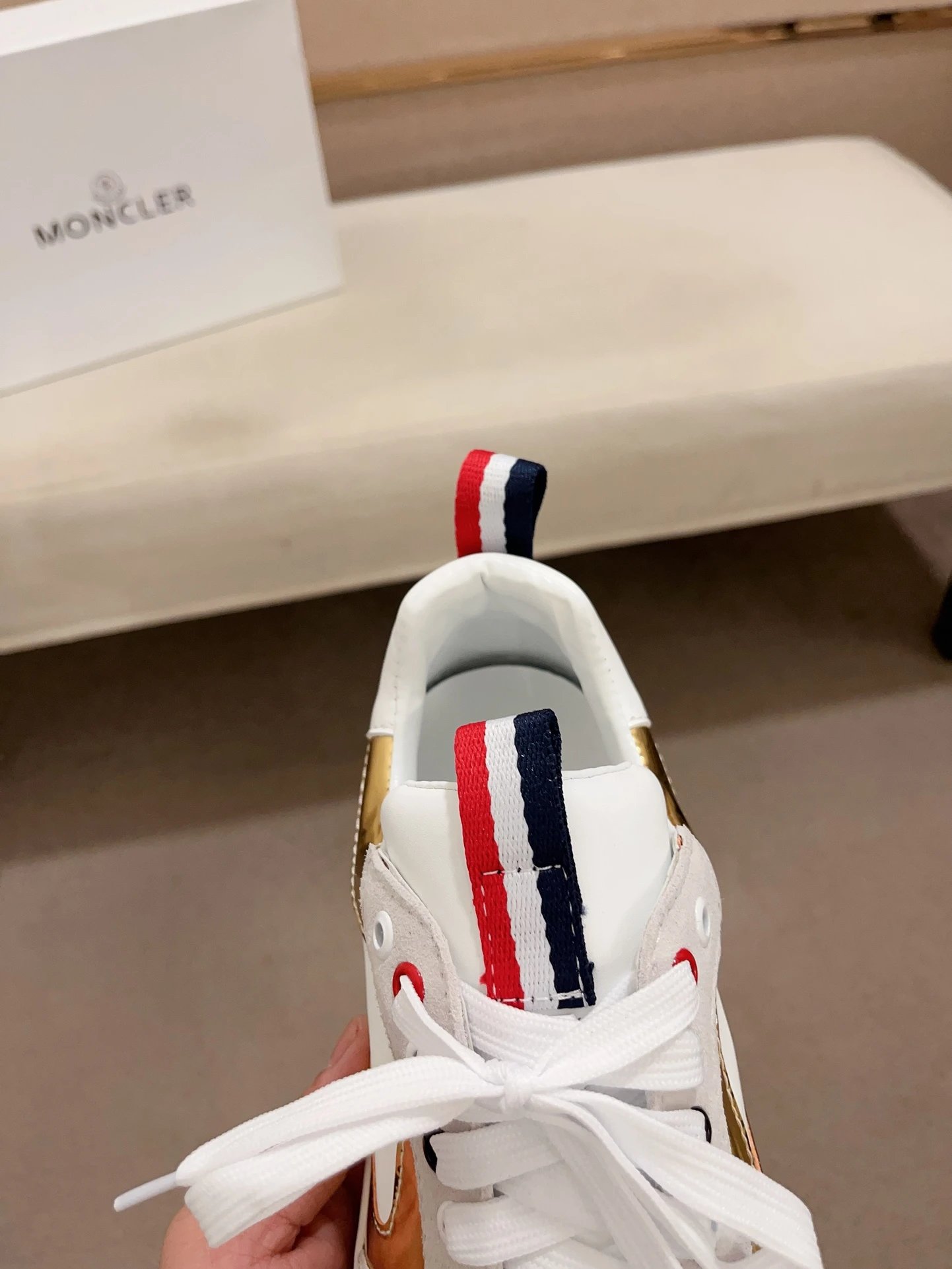 Moncler Lunarove White Sneakers Gold Accent - Gallery Image 6 - Detailed View