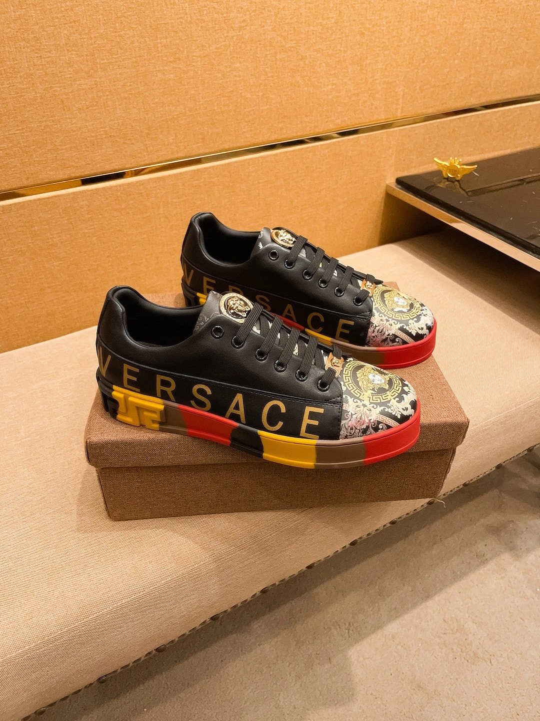 Luxury Leather Sneakers Retro Baroque Black Gold - Gallery Image 1 - Detailed View