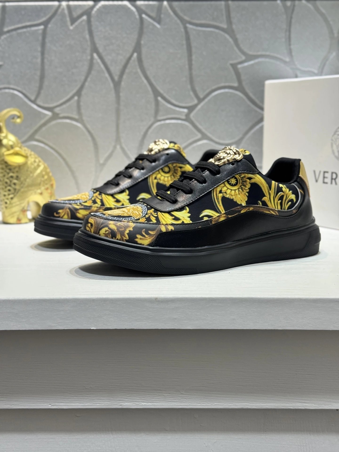Baroque Leather Sneakers Casual Low Top Black Gold - Gallery Image 2 - Detailed View
