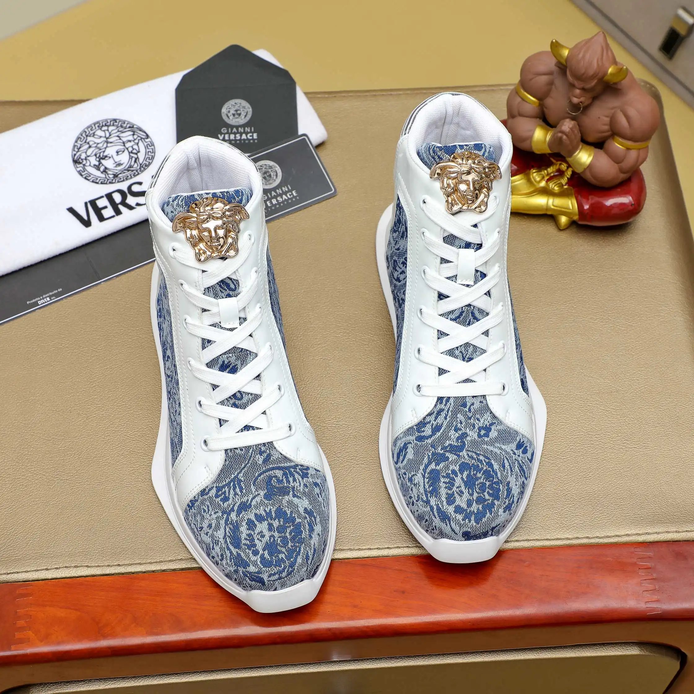 Baroque Leather High Top Sneakers Ivory Blue - Gallery Image 2 - Detailed View