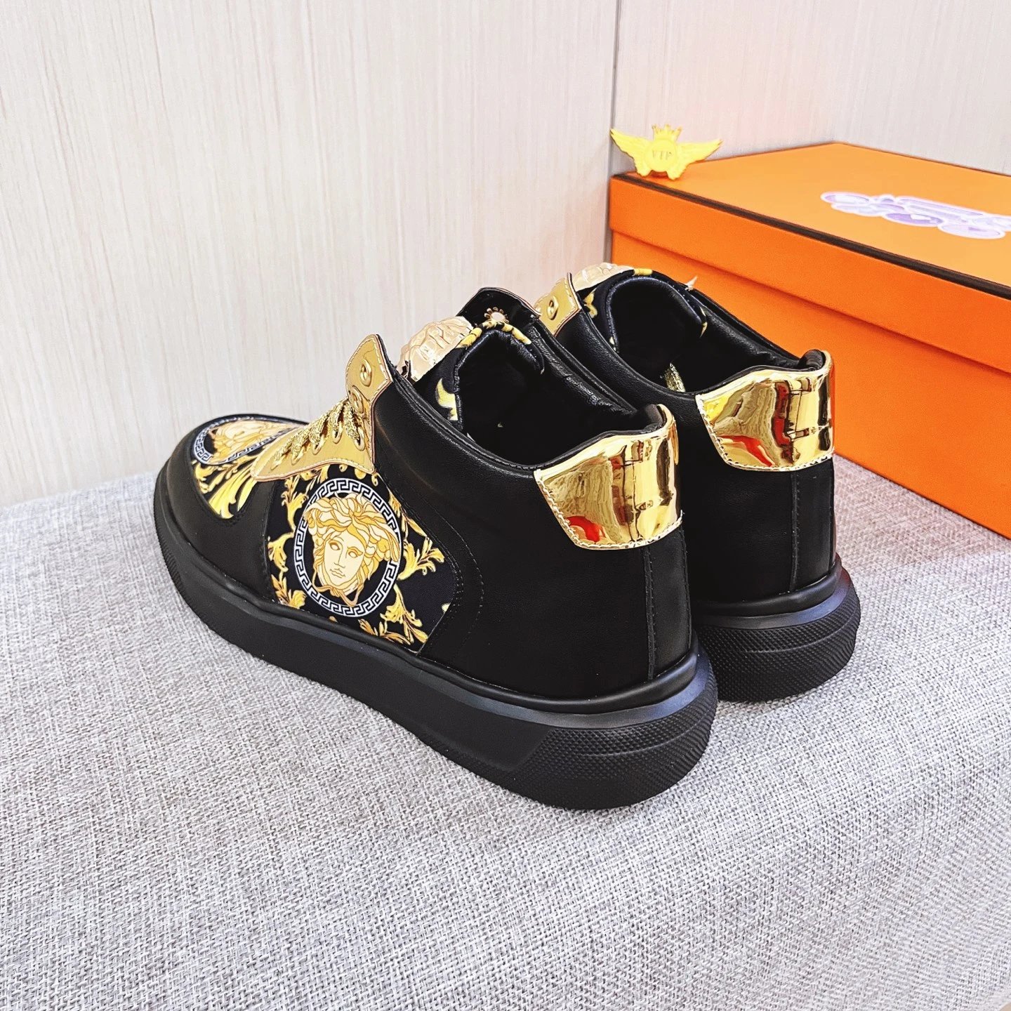 Baroque Leather High Top Sneakers Gold Black - Gallery Image 9 - Detailed View