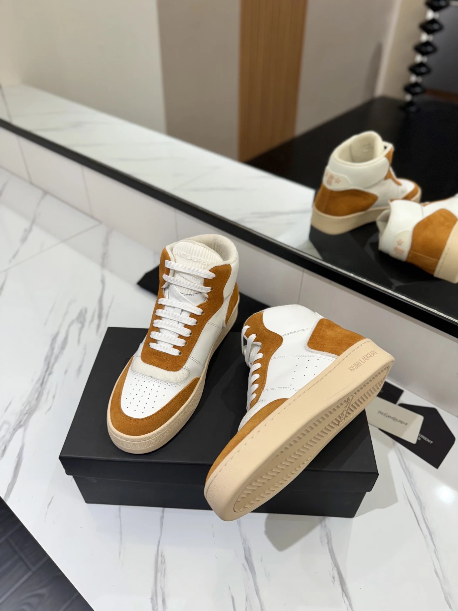 Saint Laurent SL80 Sneakers White & Camel - Gallery Image 5 - Detailed View