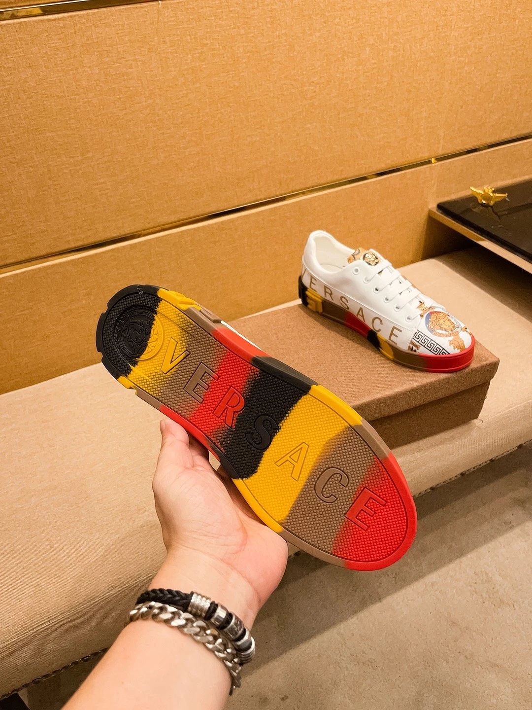 Luxury Leather Low Top Sneakers Multicolor Trim - Gallery Image 8 - Detailed View