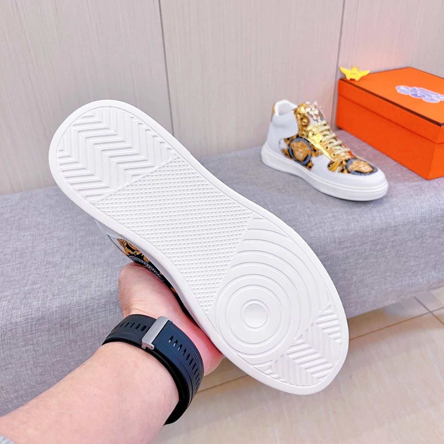 Baroque Leather High Top Sneakers Gold White - Gallery Image 8 - Detailed View