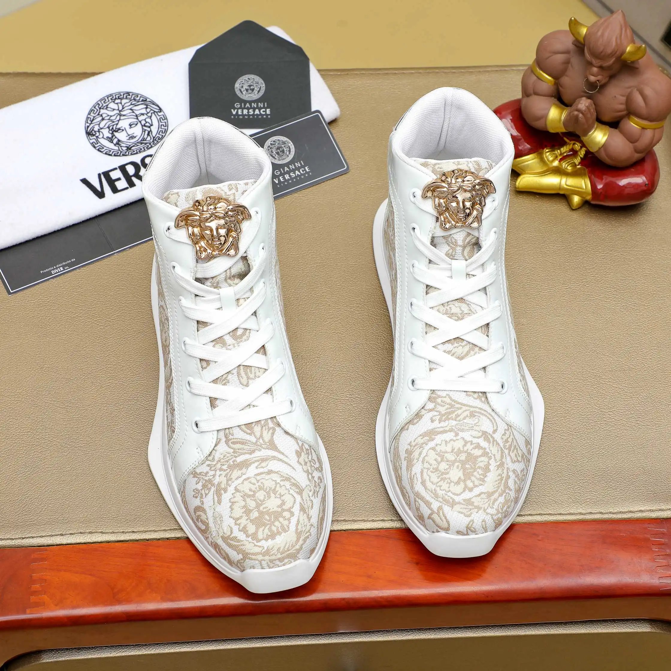 Baroque Leather High Top Sneakers Ivory - Gallery Image 2 - Detailed View