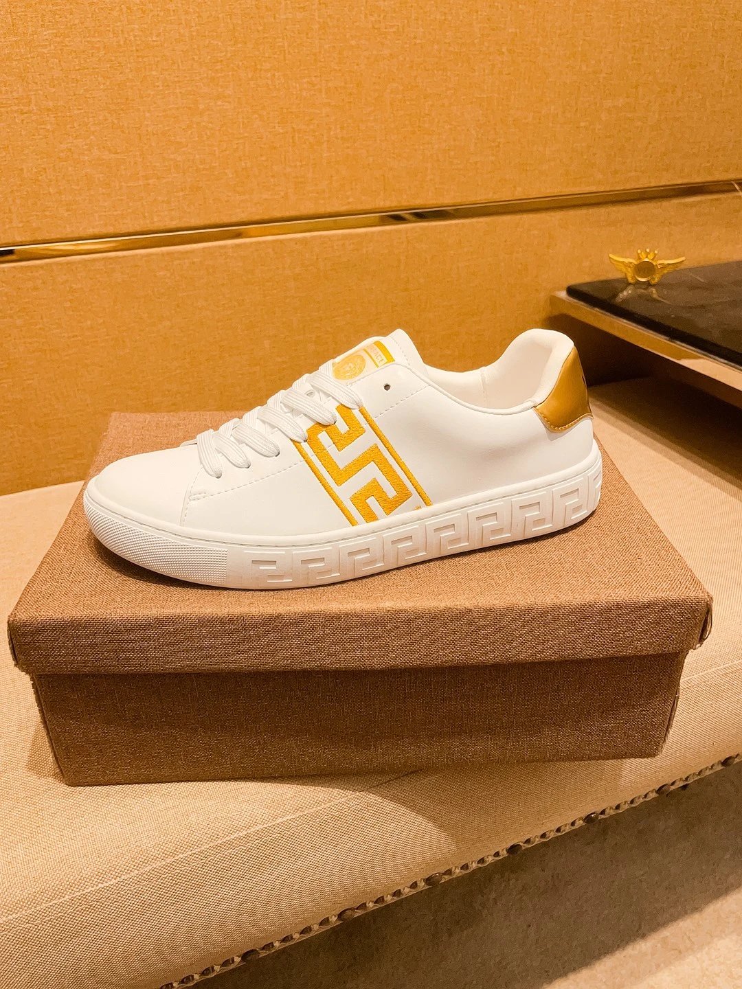 Luxury Leather Sneakers Greek Pattern White Gold - Gallery Image 6 - Detailed View