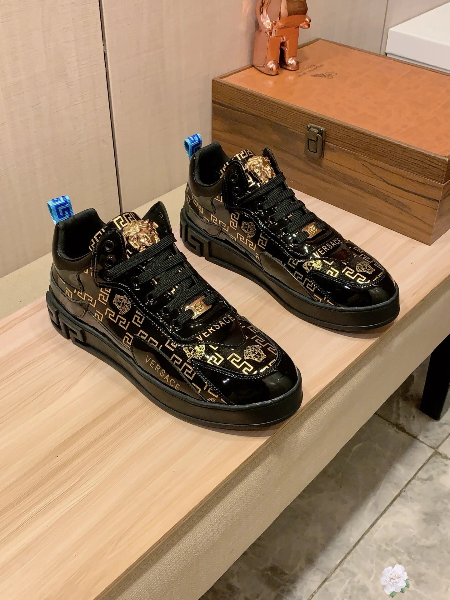 Luxury Leather Sneakers Greek Key Black Gold - Gallery Image 2 - Detailed View