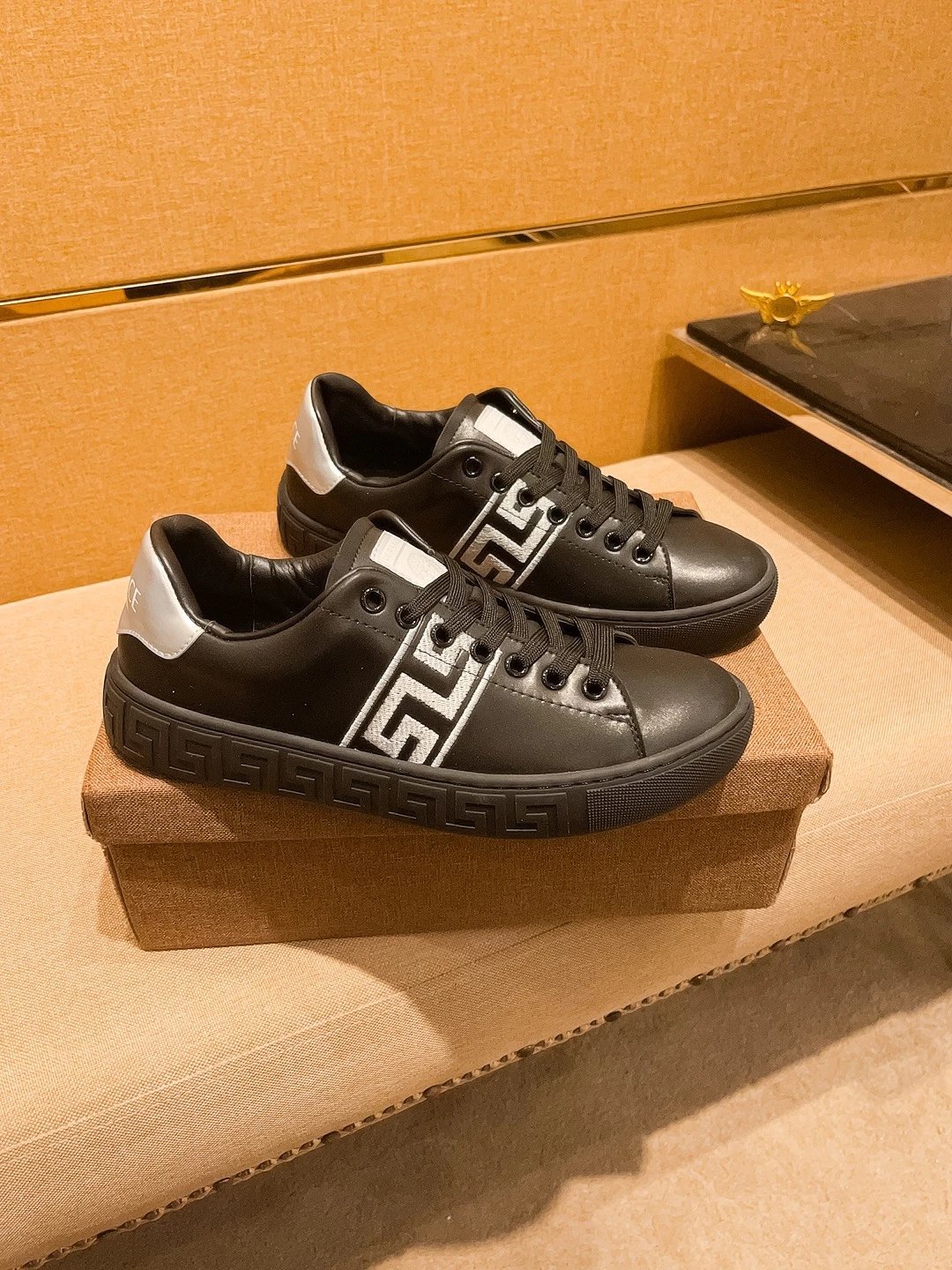 Luxury Leather Sneakers Greek Key Black Silver - Gallery Image 1 - Detailed View