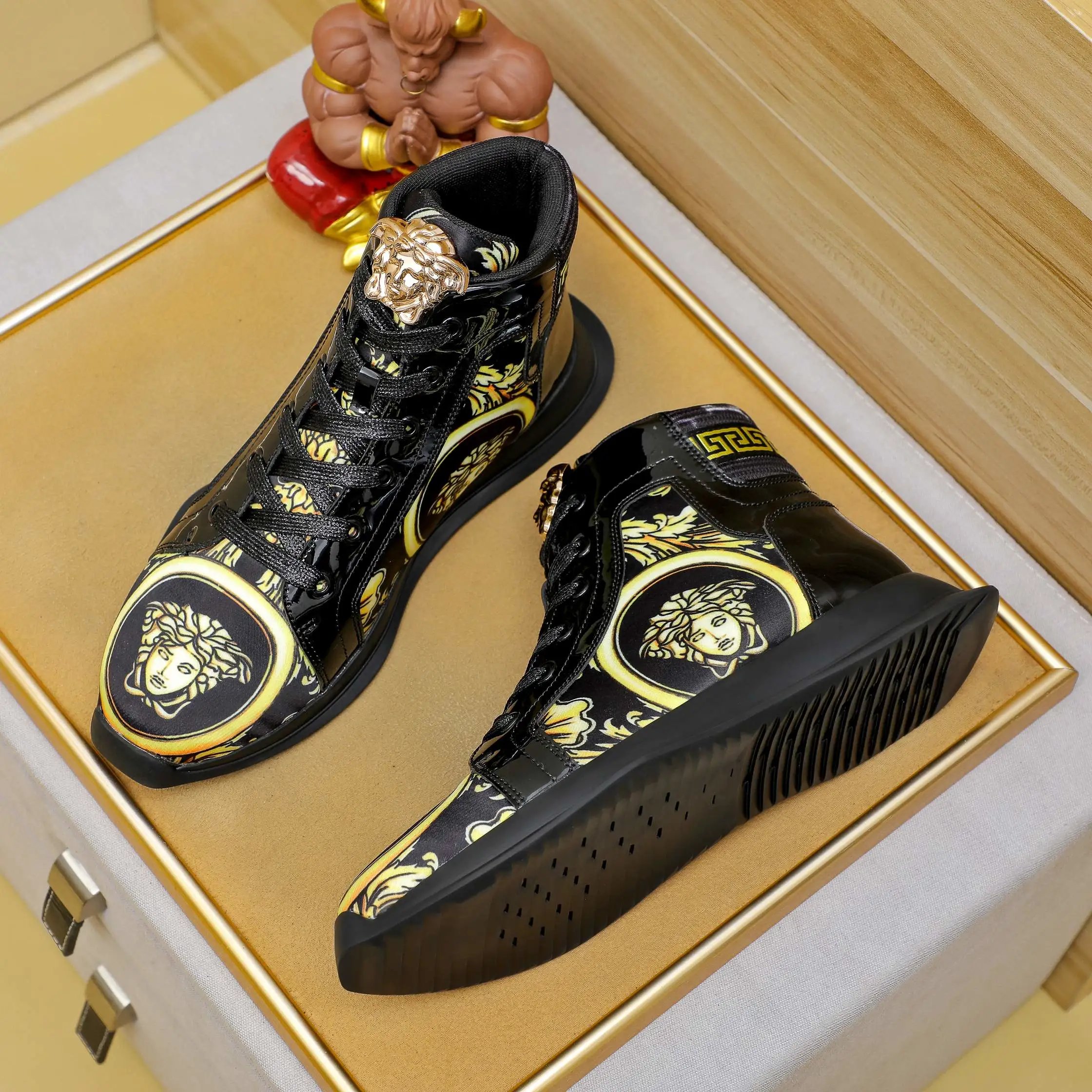 Luxury High Top Leather Sneakers Baroque Black Gold - Gallery Image 4 - Detailed View