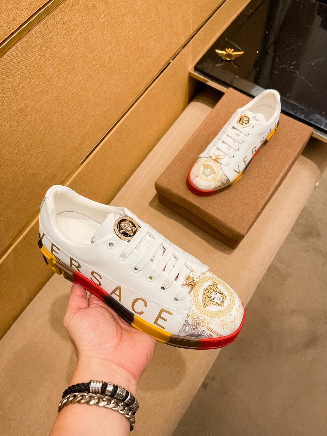 Luxury Leather Sneakers Multi-Tone Red Gold - Gallery Image 4 - Detailed View