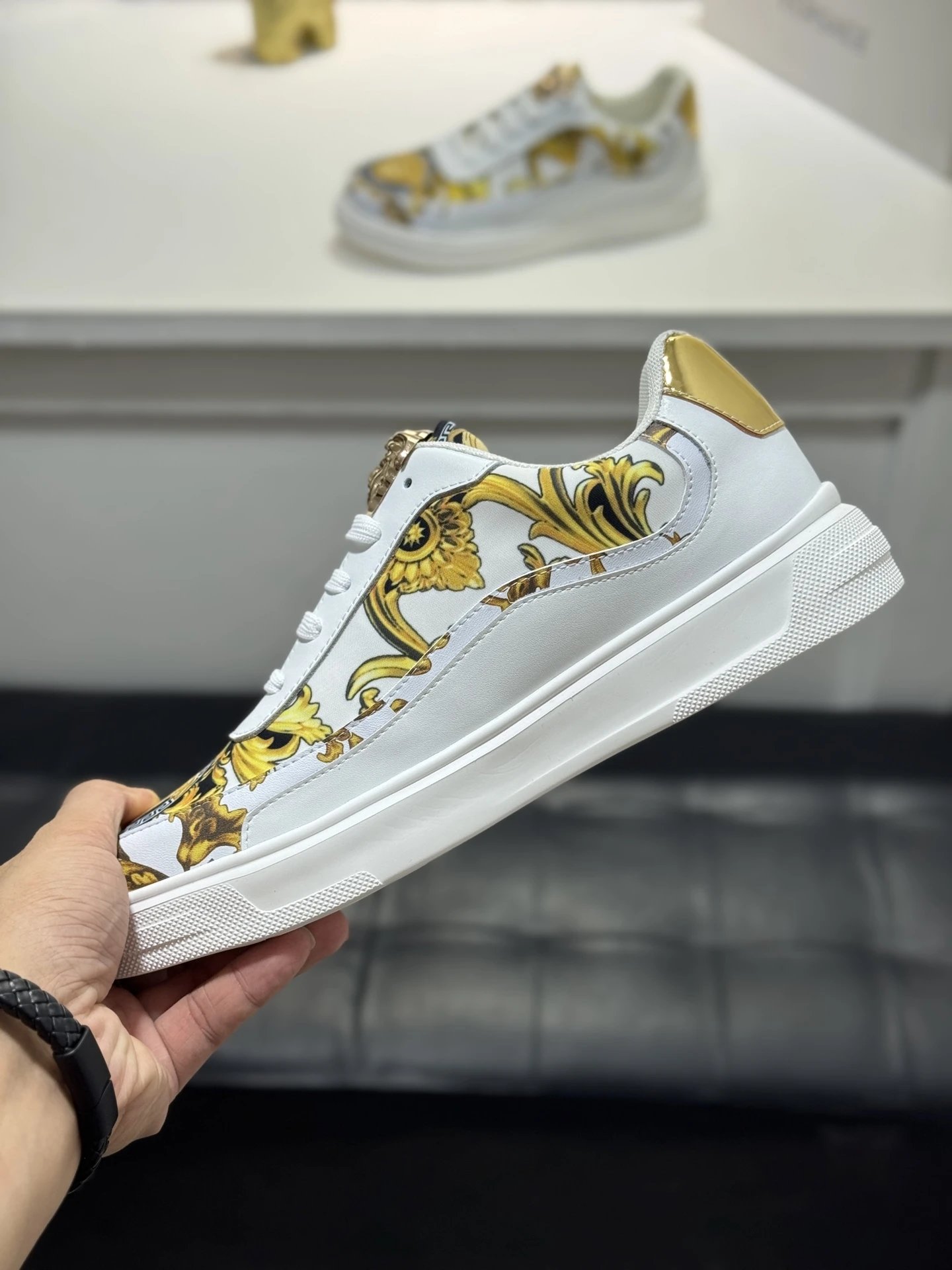 Baroque Leather Men's Sneakers White Gold - Gallery Image 6 - Detailed View