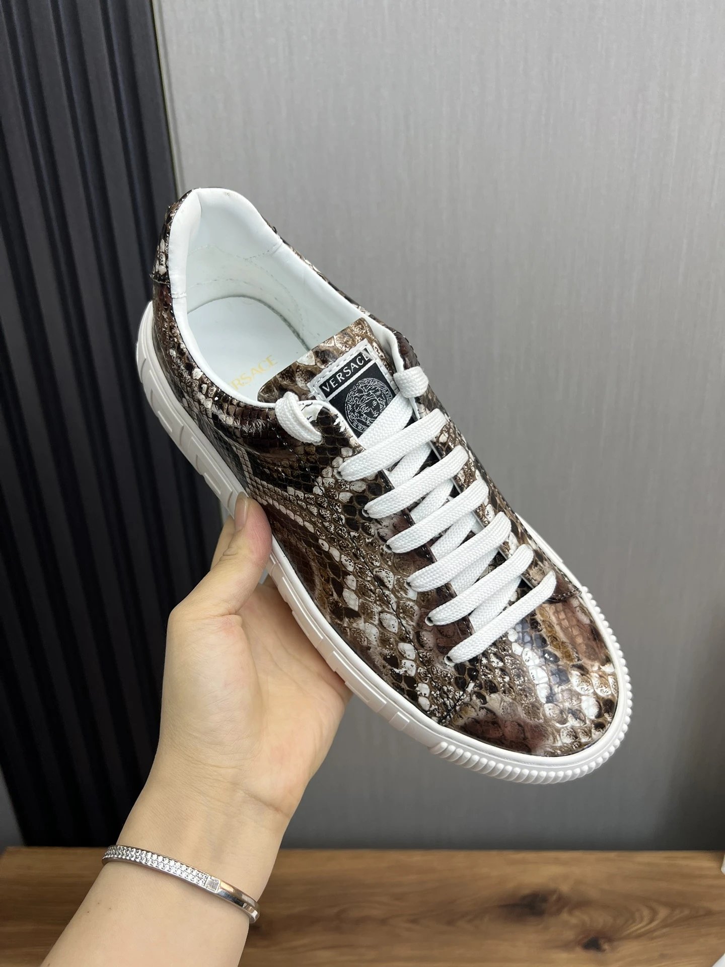 Luxury Snake Print Leather Sneakers Ivory - Gallery Image 8 - Detailed View