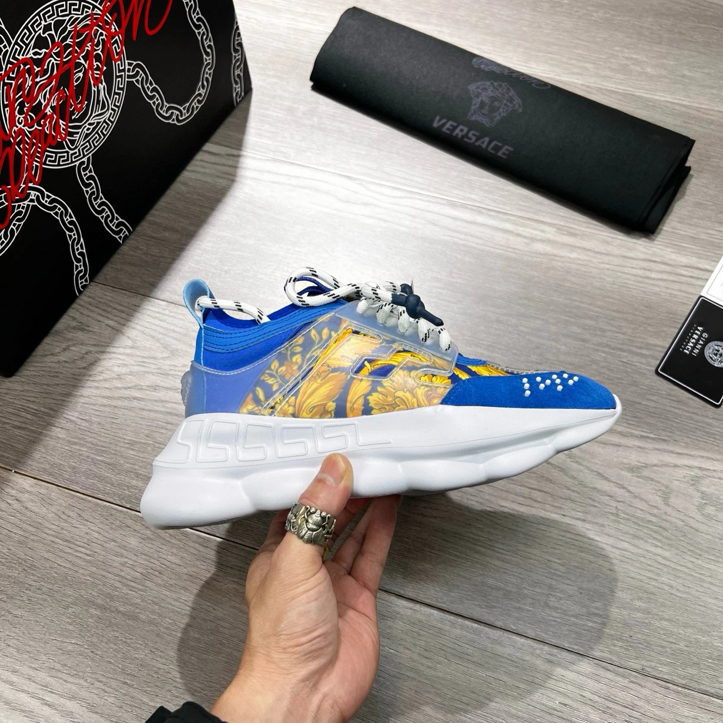 Baroque Print Leather Sneakers with White Sole in Royal Blue - Gallery Image 2 - Detailed View