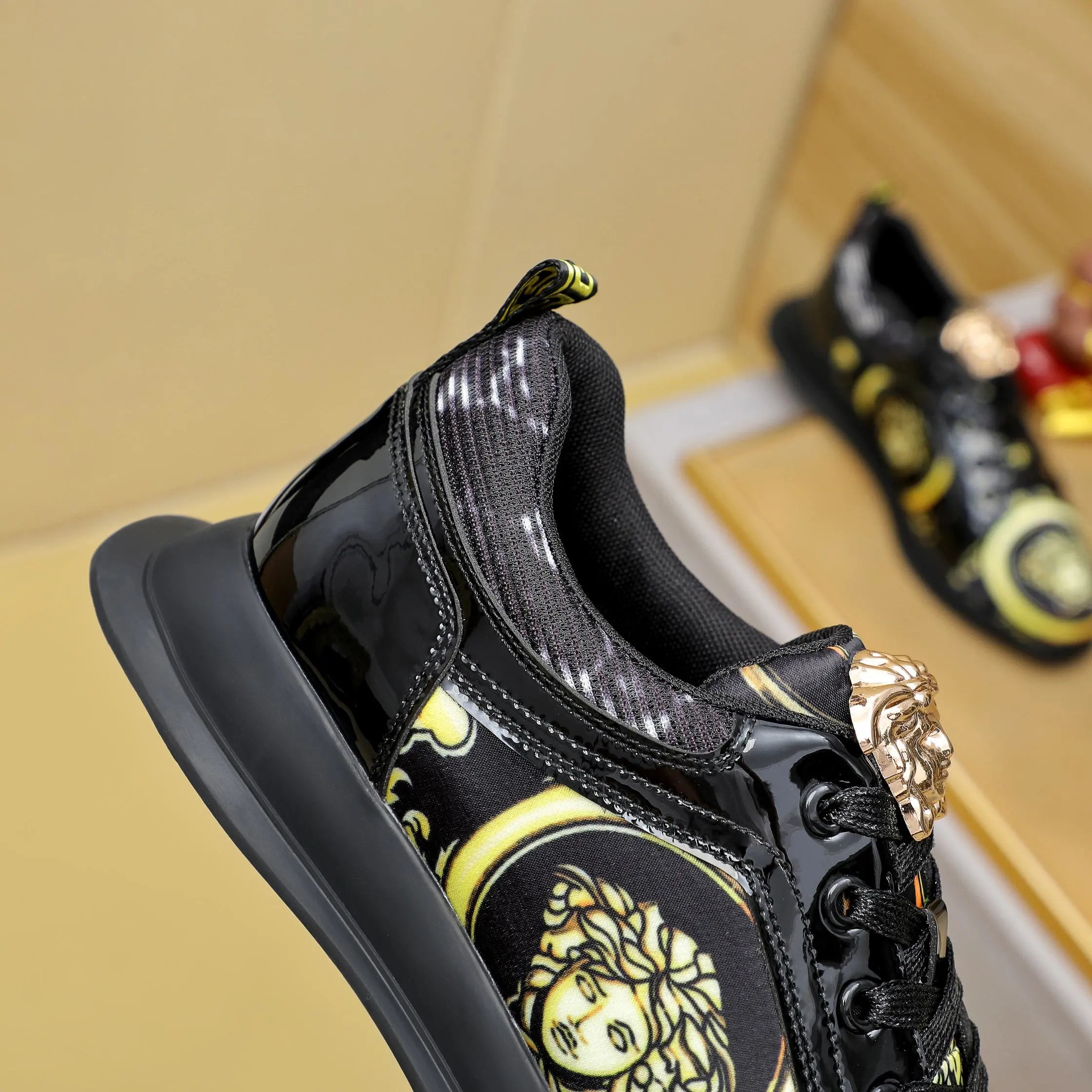 Luxury Leather Low Top Sneakers Baroque Black Gold - Gallery Image 7 - Detailed View