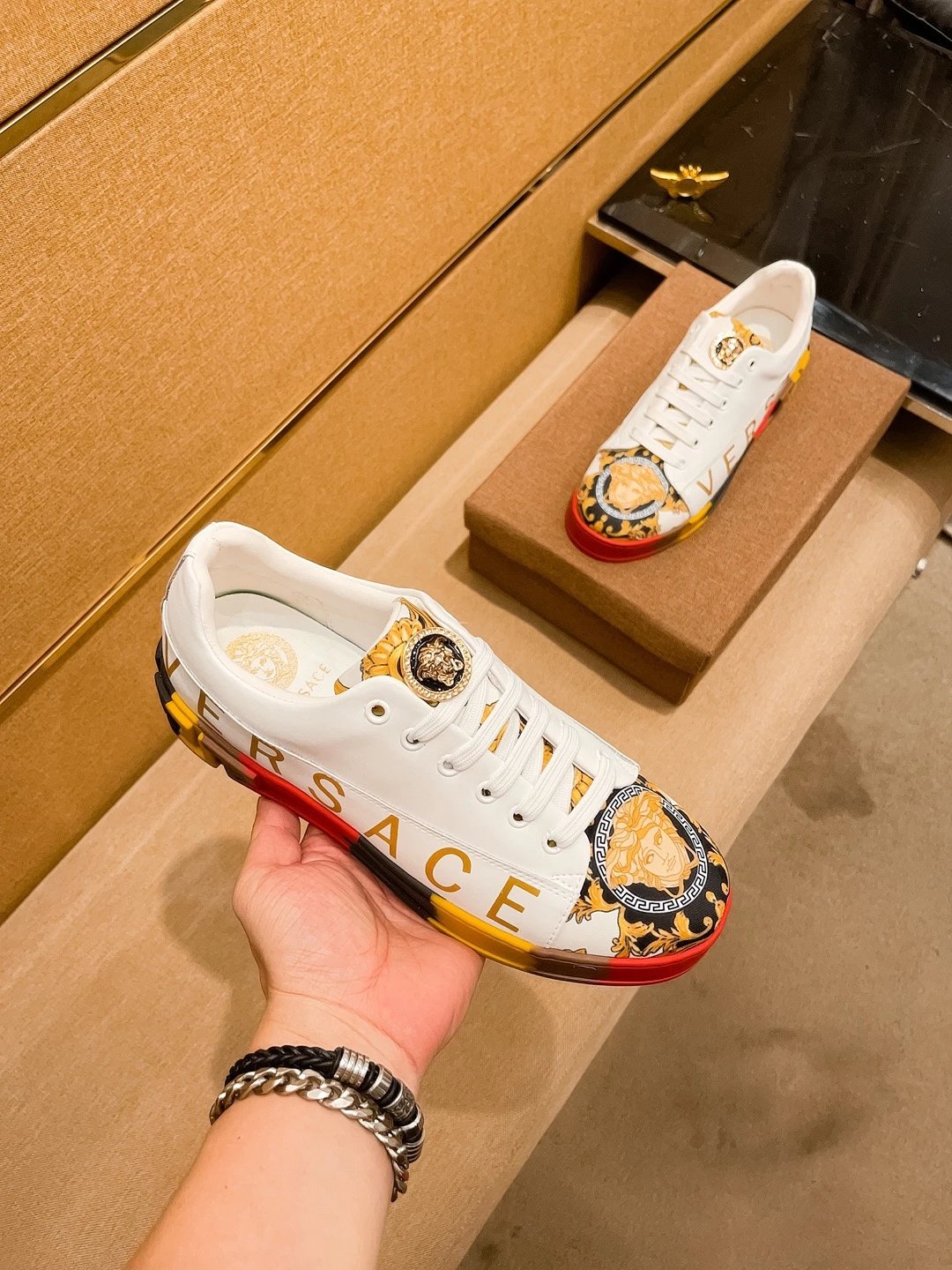 Luxury Leather Sneakers Baroque White Gold - Gallery Image 4 - Detailed View