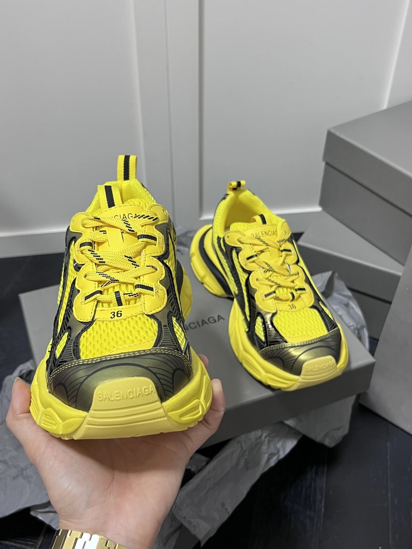 Retro Chunky Mesh Dad Sneakers with Tire Sole Neon Yellow - Gallery Image 3 - Detailed View