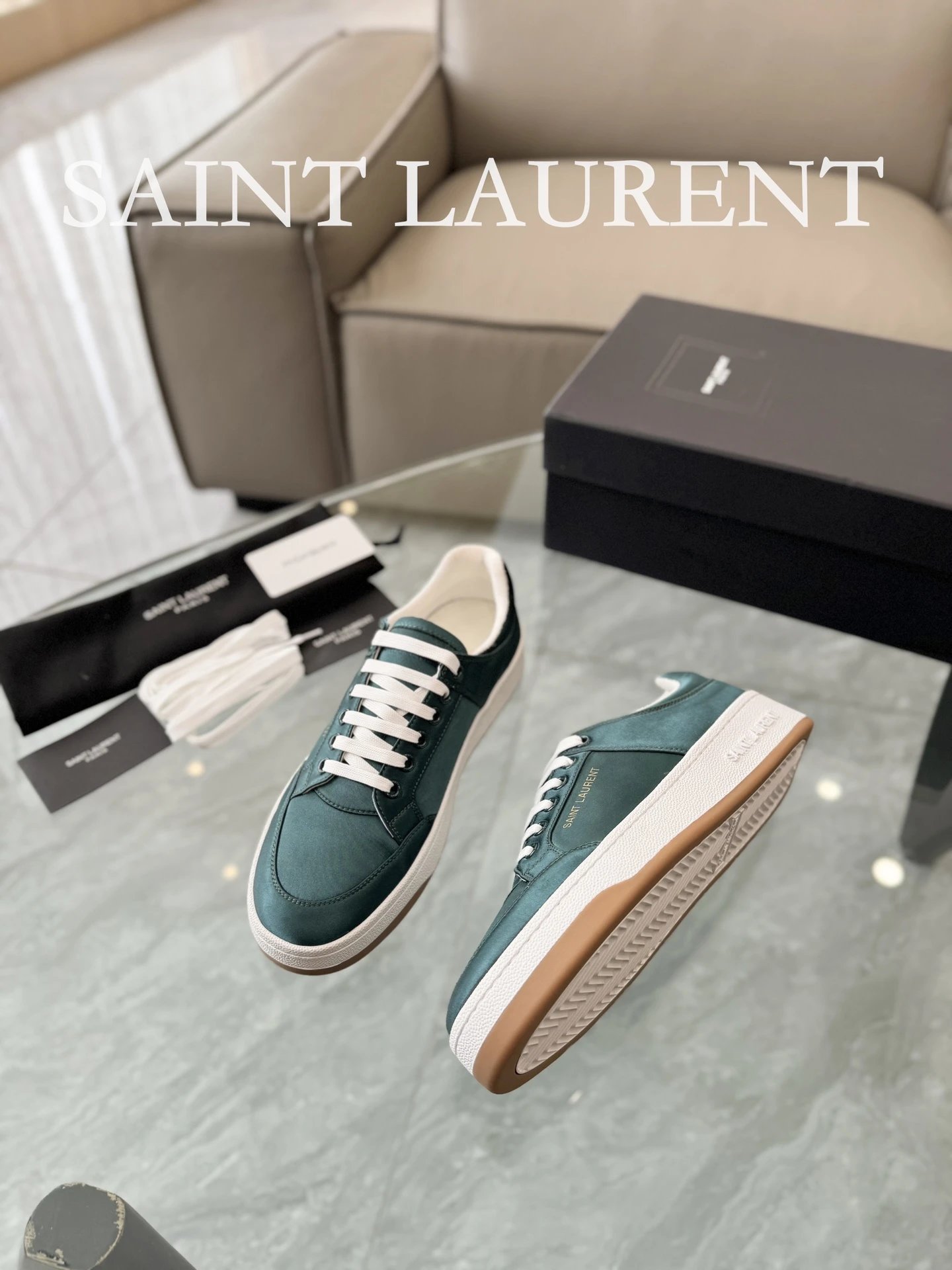 Saint Laurent Leather Sneakers Green - Gallery Image 4 - Detailed View