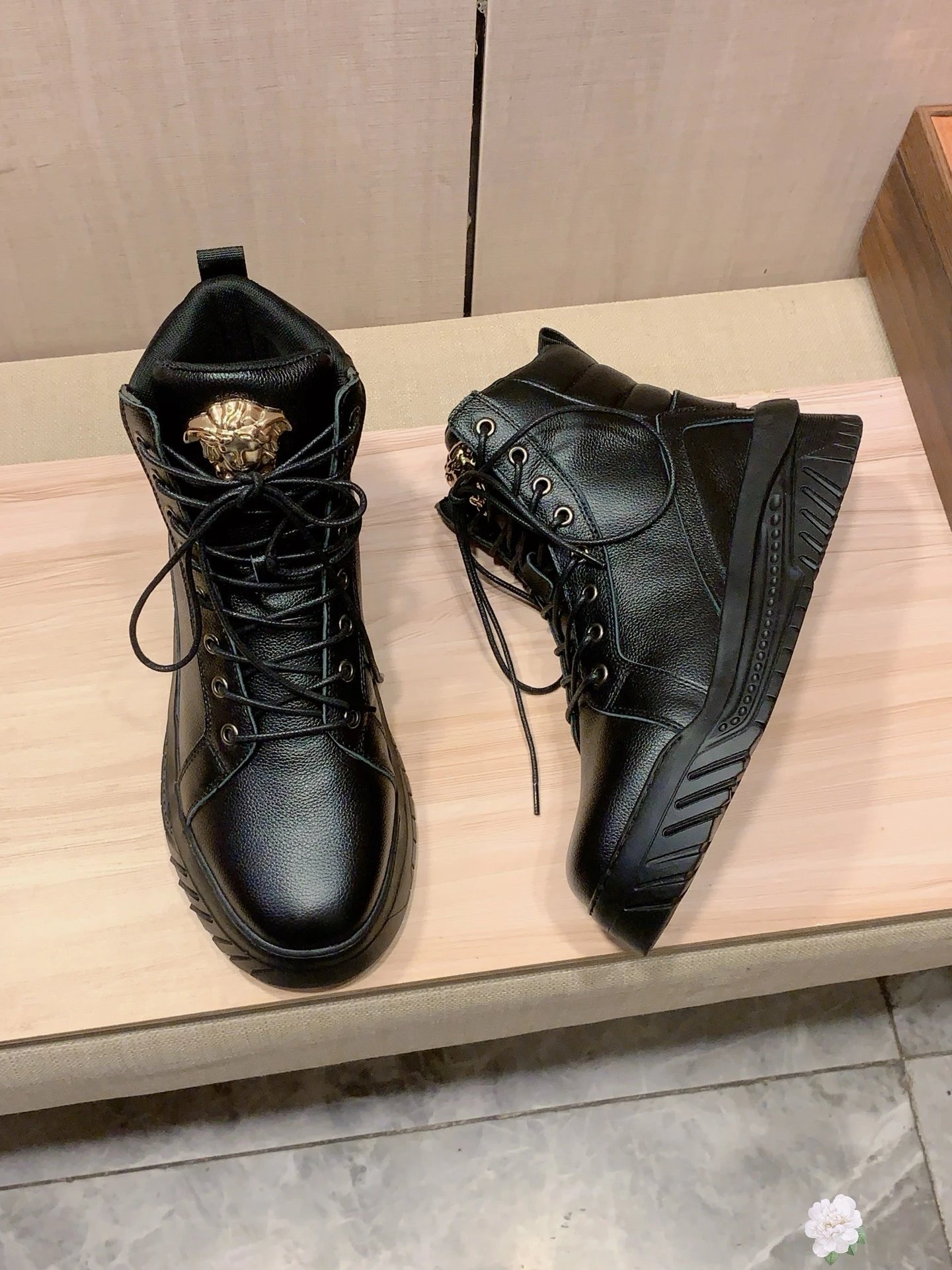 High Top Leather Sneakers Gold Black - Gallery Image 4 - Detailed View