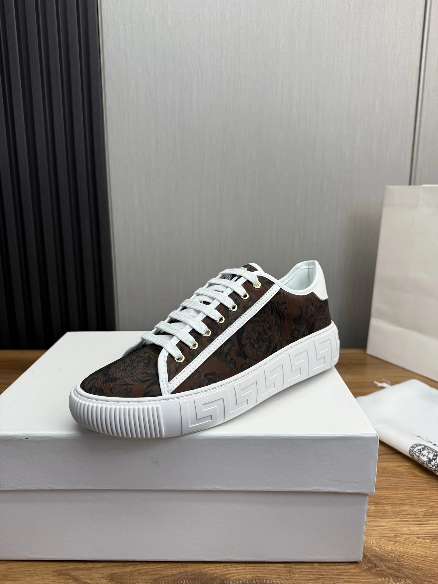 Luxury Leather Couple Sneakers Chestnut Brown - Versace - Cnfans - $67.74