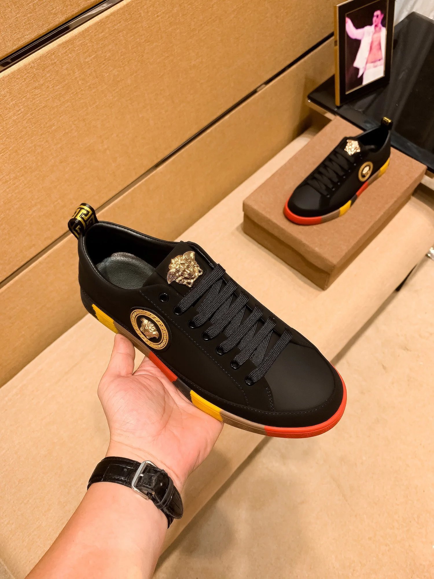 Luxury Leather Sneakers Colorblock Trim Ebony - Gallery Image 4 - Detailed View