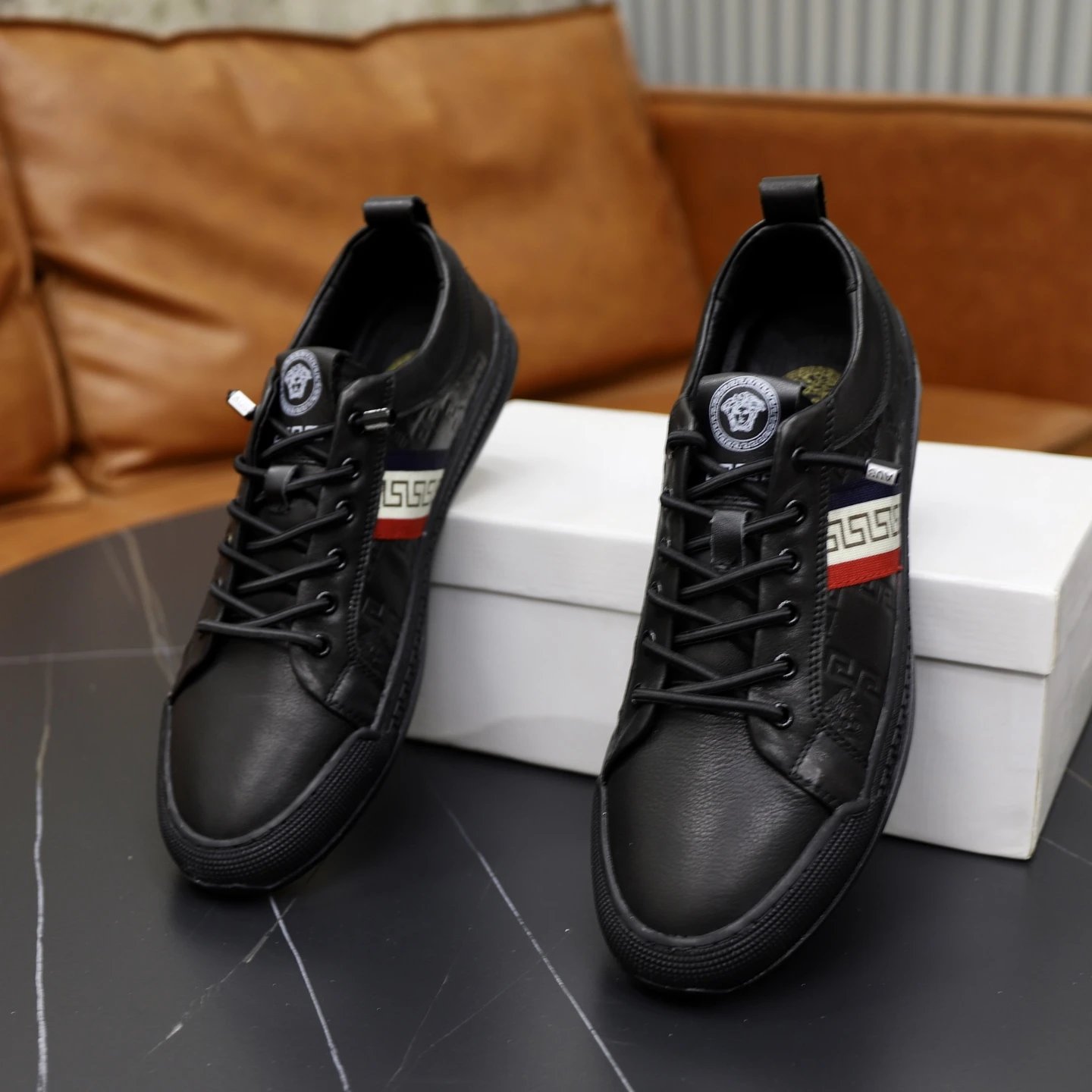 Luxury Leather Running Sneakers Ebony Black - Gallery Image 6 - Detailed View